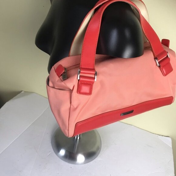 TUMI Nylon Satchel Leather Handles Purse Shoulder Bag Zip Pocket Pink Red Small - Picture 8 of 16